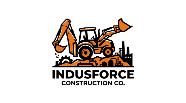 Vibrant logo featuring an orange backhoe loader at work, with industrial buildings and a gear, symbolizing robust construction and industrial development