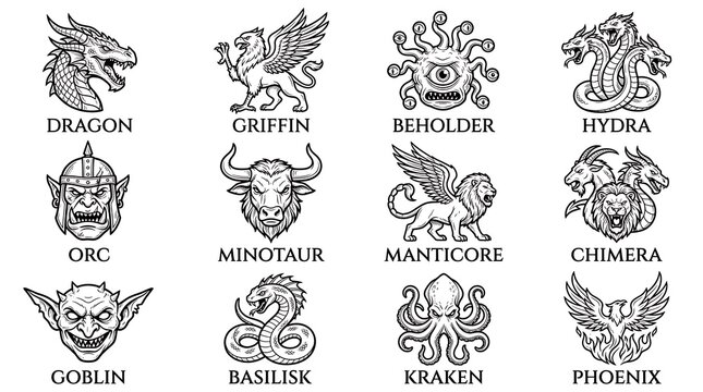 Mythical creatures icons, fantasy monster logos, dragon, griffin, beholder, hydra, orc, minotaur, manticore, chimera, goblin, basilisk, kraken, phoenix