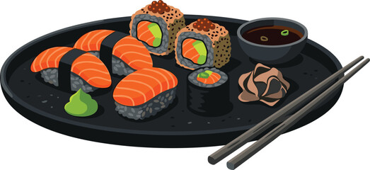 Japanese Sushi Platter with Salmon Nigiri, Maki Rolls, Soy Sauce, Wasabi, and Chopsticks for Asian Cuisine, Restaurant, and Food Design Projects © EdGe Creative