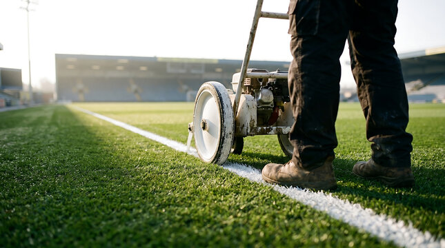 Groundskeeper using a professional line marking machine to paint white boundary lines on a lush green sports field stadium