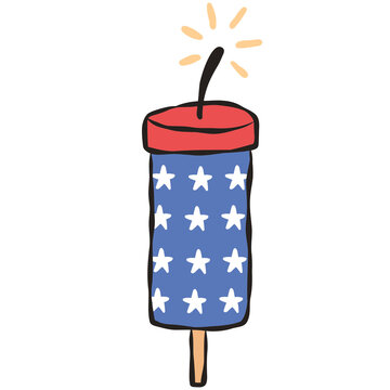 4th of July patriotic firework doodle. Fourth of July celebration rocket icon, cartoon