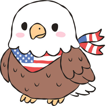 Cute bald eagle wearing American flag bandana. Kawaii patriotic cartoon national bird illustration