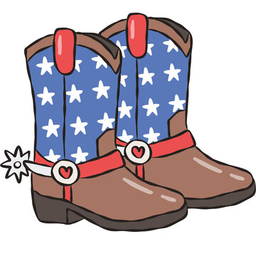Patriotic cowboy boots with stars and stripes illustration. Hand drawn western boots doodle with spurs