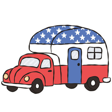 camper truck illustration. Hand drawn vintage red white and blue RV motorhome doodle