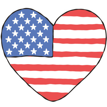 Heart shaped American flag illustration. Hand drawn patriotic red white and blue love icon