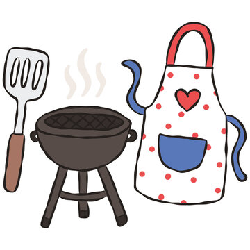 Hand drawn barbecue grill and apron illustration. Red white and blue patriotic outdoor cooking doodle