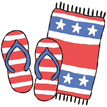 flip flops and beach towel illustration. Hand drawn red white and blue summer beach gear