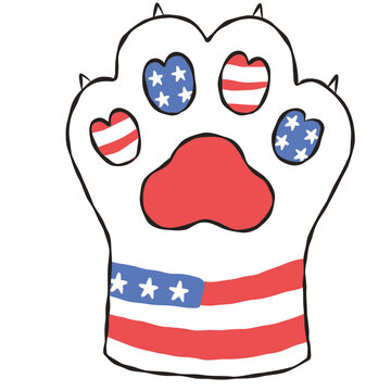cat paw print illustration. Hand drawn animal paw with American flag stars and stripes