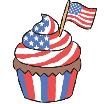 cupcake with American flag topper. Hand drawn red white and blue fourth of july dessert