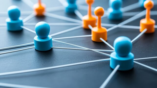 Abstract social network visualization with connected blue and orange figurines on dark background surface conceptual representation