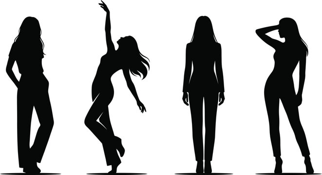 four beautiful women silhouette standing dancing posing diverse female fashion models isolated vector graphic element