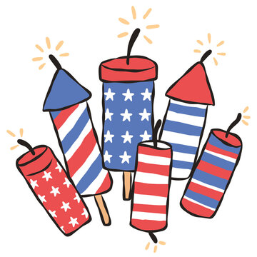 4th of July patriotic fireworks composition. Fourth of July celebration rockets with stars and stripes, cartoon