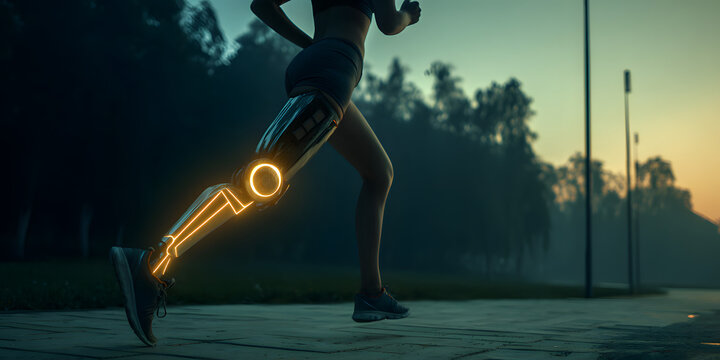 Athletic person with an advanced prosthetic leg runs on a paved pathway, showcasing futuristic technology and vibrant neon orange accents highlighting the mechanical design amidst an outdoor,...