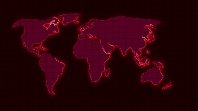 Animated red world map with gridlines illuminating global geography and displaying data and technological visualization