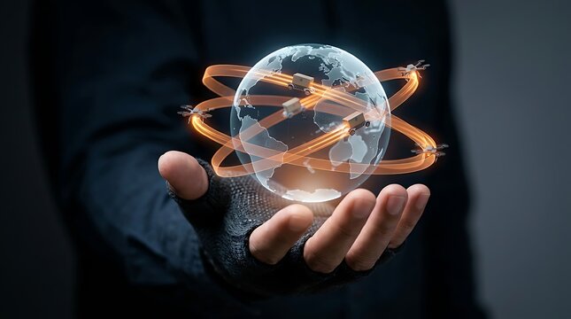 Human hand holding glowing digital earth globe with small delivery drones flying around brown cardboard shipping boxes.