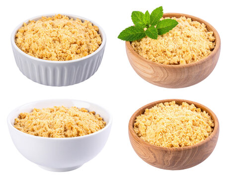 Overhead View of Four Bowls with Crumble Filling and Mint Leaf Arrangement on Transparent Background