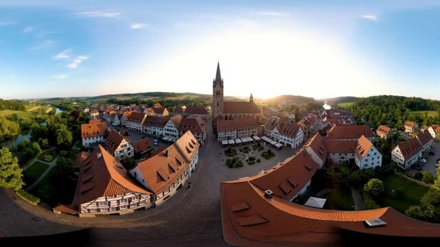 Breathtaking panoramic view of medieval town with church steeple and half-timbered houses at sunrise under blue sky