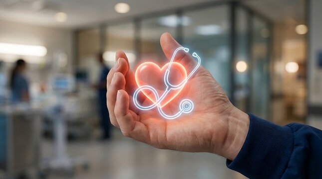 Human hand holding glowing red heart symbol with blue medical stethoscope icon inside blurry hospital ward room area.