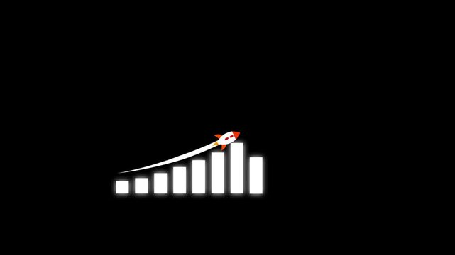 Rocket ship soaring over bar graph showing growth. Animated rocket ship soaring above white bar graph illustrating growth and success against a black background