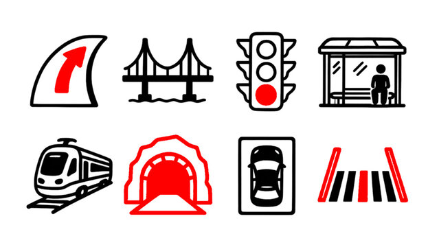 Traffic management, tunnel, railway and roadway vector symbols.