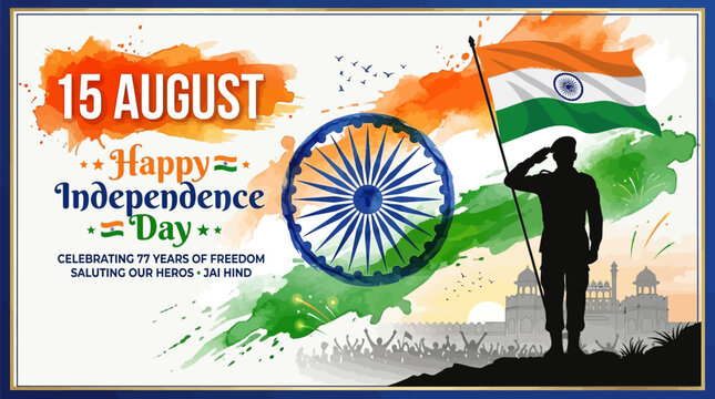 Independence Day graphic showcases an Indian soldier saluting the national flag against a vibrant background.
