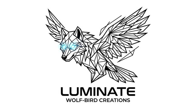 Geometric wolf bird illustration, luminescent eye, black lines on white, logo design element, creative asset
