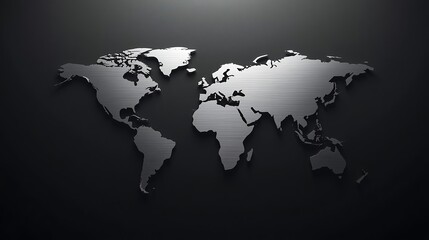 Fototapeta premium Sleek 3D Metallic World Map on Dark Background - Global Business, Technology, and International Connection Concept.