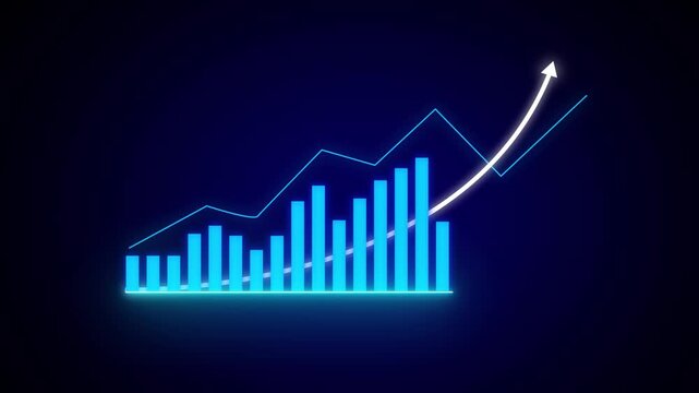 Animated neon stock market chart showing growing financial data analysis. Stock market chart animation with glowing neon bars and upward arrow showing financial growth and success. Business graph.