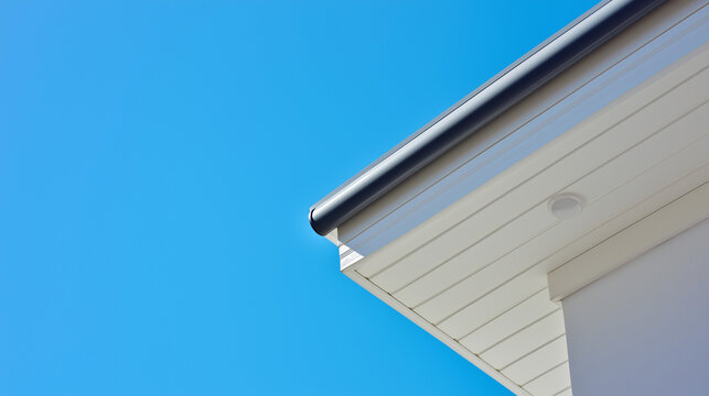 soffit. Clean white soffit board under eaves contrasting with dark rain gutter. real-estate listings, architecture portfolios, designed for real-estate listing and luxury residence showcases.