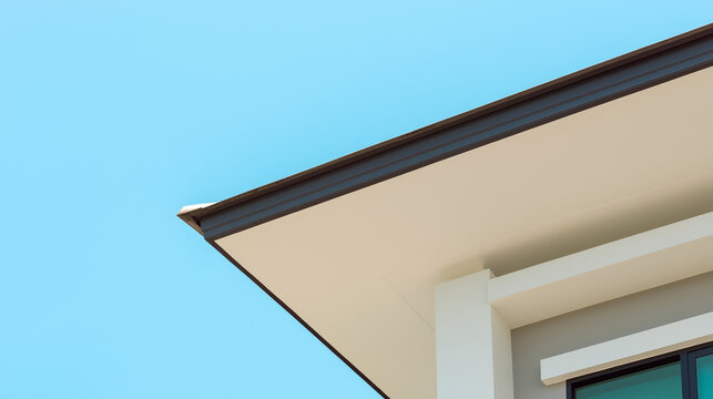 soffit. Clean white soffit board under eaves contrasting with dark rain gutter. real-estate listings, architecture portfolios, designed for real-estate listing and luxury residence showcases.