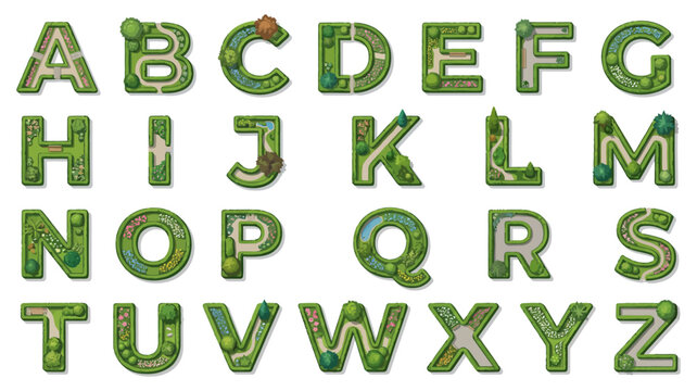 Full set alphabet letters A to Z rendered as miniature topiary gardens with hedges, trees, pathways, and vibrant floral arrangements.