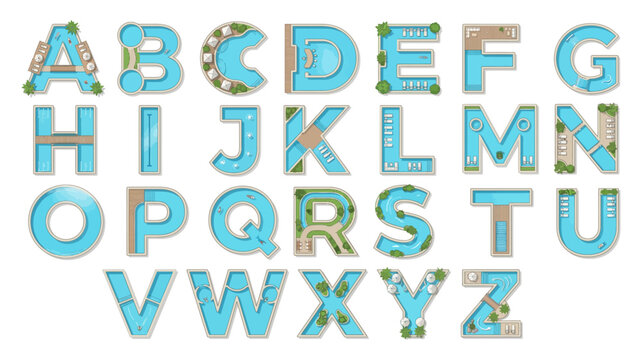 vector set of alphabet letters designed as luxury resort swimming pools with aerial view details and blue water.