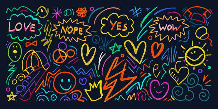 Colorful doodle collection vector illustration with handwritten words and symbols
