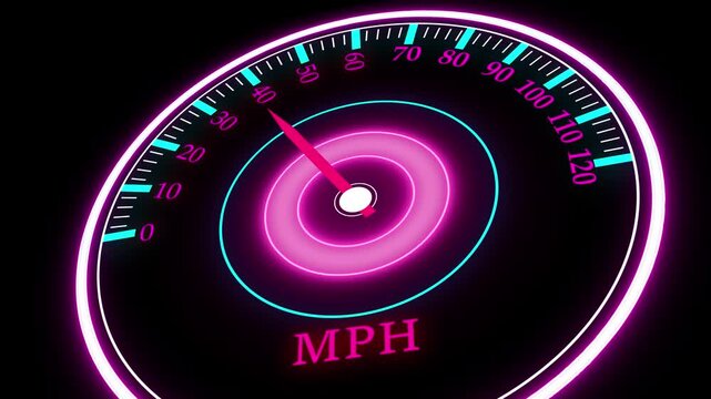 Digital speedometer animation. Futuristic gauge illustrating car velocity and dashboard performance. Neon speedometer displaying current speed reaching seventy miles per hour