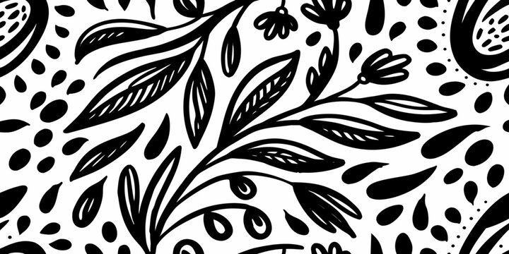 Floral ornament pattern black and white botanical illustration