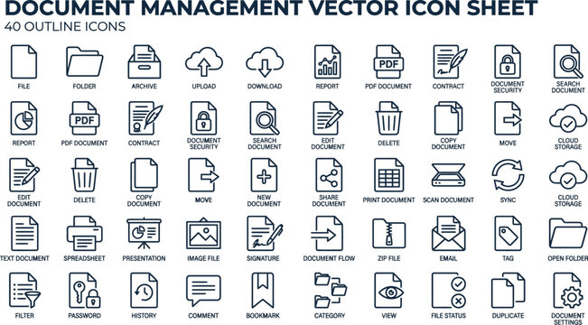 Document Management Icon Set: A comprehensive collection of 40 outline icons representing various aspects of document management, including file handling, storage, security, and workflow processes.