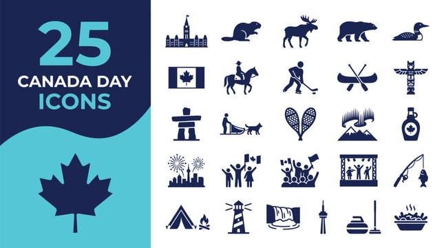 A set of twenty five dark blue Canada day flat vector icons on white background