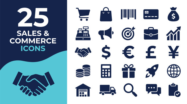 Twenty five dark blue sales and commerce icons arranged in a clean grid layout design