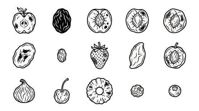 A variety of fruit illustrations in black and white.