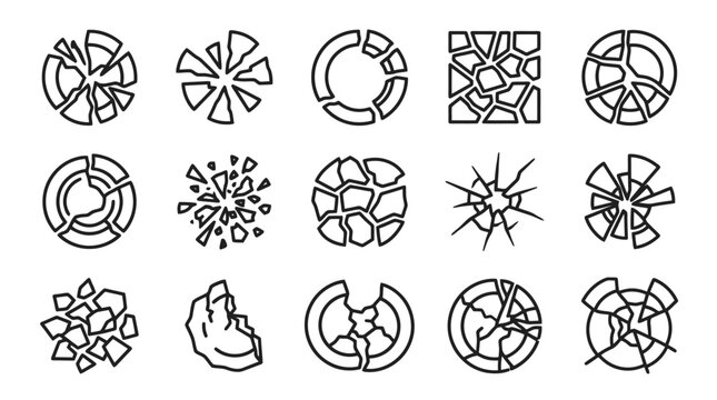 Collection of broken glass icons and symbols.