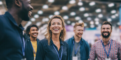 Obraz premium Lively trade show scene a happy audience listening to a startup business owner creates a dynamic visual highlighting engagement teamwork professional energy.