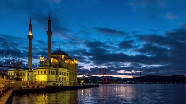 Istanbul Turkiye (Turkey) time lapse night city skyline at Buyuk Mecidiye Mosque and Bosphorus Bridge