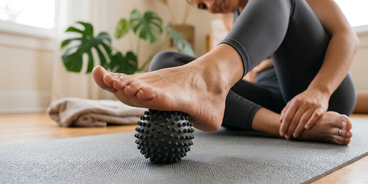 Woman performing self-foot massage with a spiky ball on a yoga mat for pain relief, muscle recovery, and wellness at home