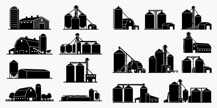 Set of various farm and agricultural building silhouettes, including barns, silos, and grain elevators, depicting rural industry and storage facilities.