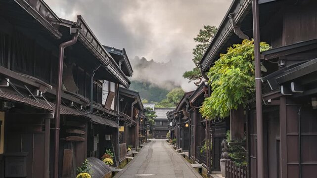 Takayama Gifu Japan time lapse city skyline at old town Sannomachi street in autumn season