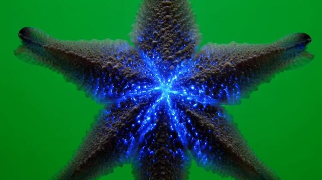 Glowing bioluminescent starfish under UV light on green background.