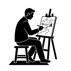 Fototapeta premium Artist Sitting at an Easel Drawing Landscape Illustration with Pencils and Sketchbook in Bold Black Line Style