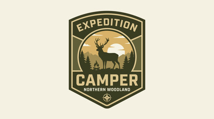 Obraz premium Vintage outdoor adventure badge with a majestic deer silhouette, set against a forest and mountain sunset, ideal for camping, nature, and exploration themes