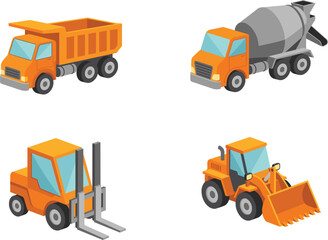 Isometric construction vehicles vector set with dumper truck, concrete mixer, forklift and orange bulldozer © Arishfa