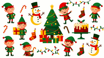 Naklejka premium Cute Christmas Elves Set with Snowmen, Decorated Tree, Gifts, Candy Canes, Stockings and Cake, Flat Vector Illustration with Festive Elements